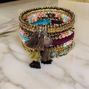 Boho Chic Hippie stacked bracelet cuffs with tassels colorful